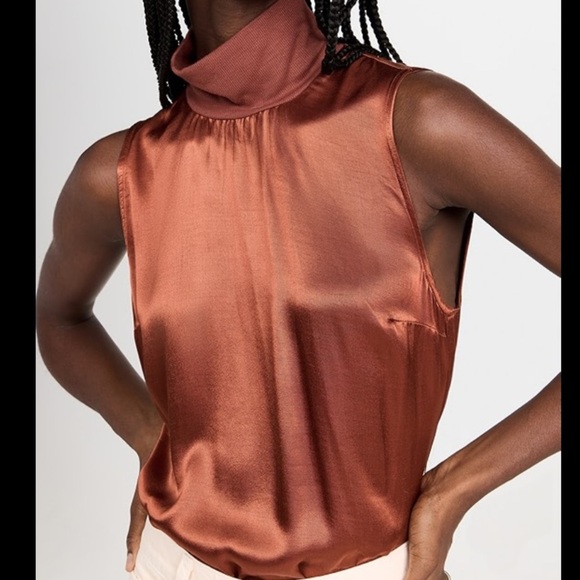 Nation LTD Danielle Ribbed Mock Neck Black Satin Sleeveless Top S Back Keyhole - Picture 12 of 12